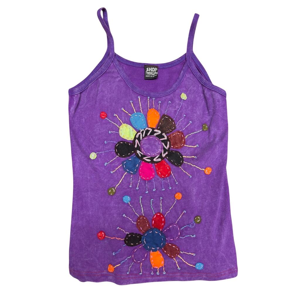 Vintage Y2K Purple Tank Top Embroidered Flower Boho Hippie Festival Size L/XL*